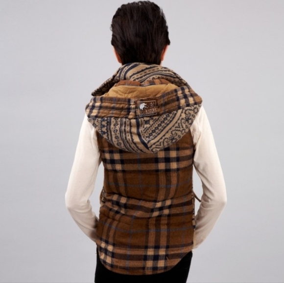 Da Nang• xs knit wool blend vest toggle closure hood plaid tribal - Picture 2 of 11